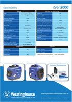 Westinghouse iGEN2600 2.6kVA Inverter Generator brochure back
