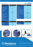 Westinghouse iGEN2600 2.6kVA Inverter Generator brochure back
